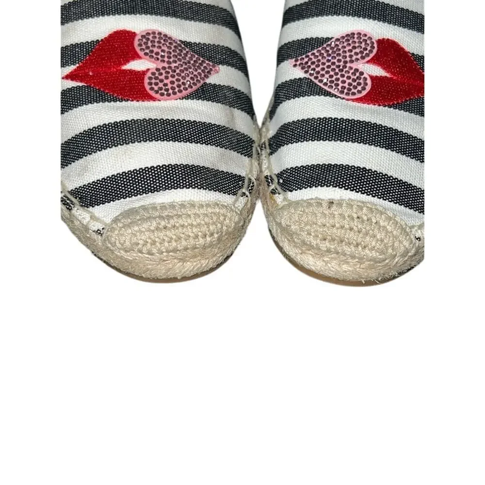 EUC KATE SPADE BLACK WHITE STRIPES Gimlet Heart Lips Espadrille Flats SZ 7